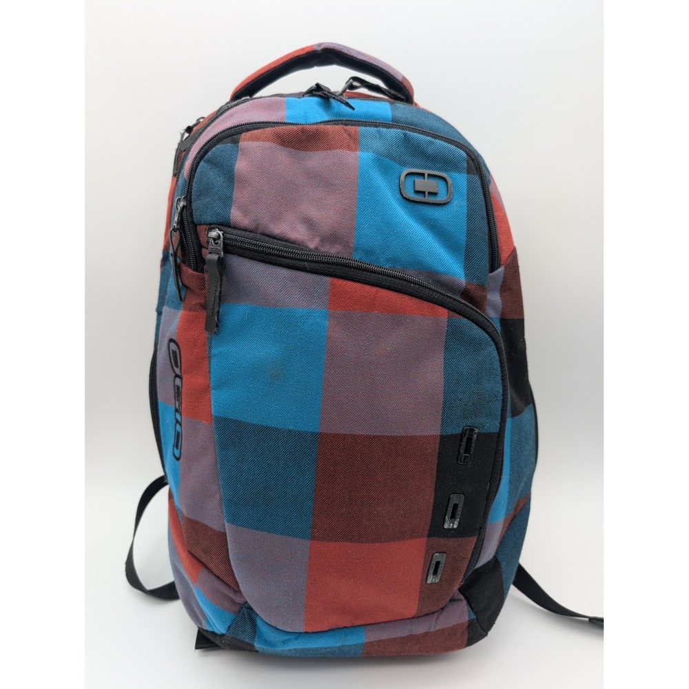 OGIO Newt II S Backpack Red Blue Black Plaid Laptop Bag Multi Compartment